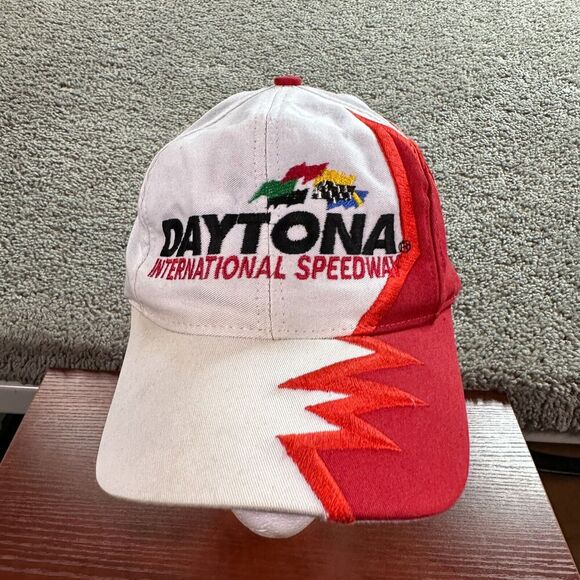 VINTAGE Daytona Speedway Hat Mens White Red Shark Tooth Strapback NASCAR 90s * - Picture 3 of 10